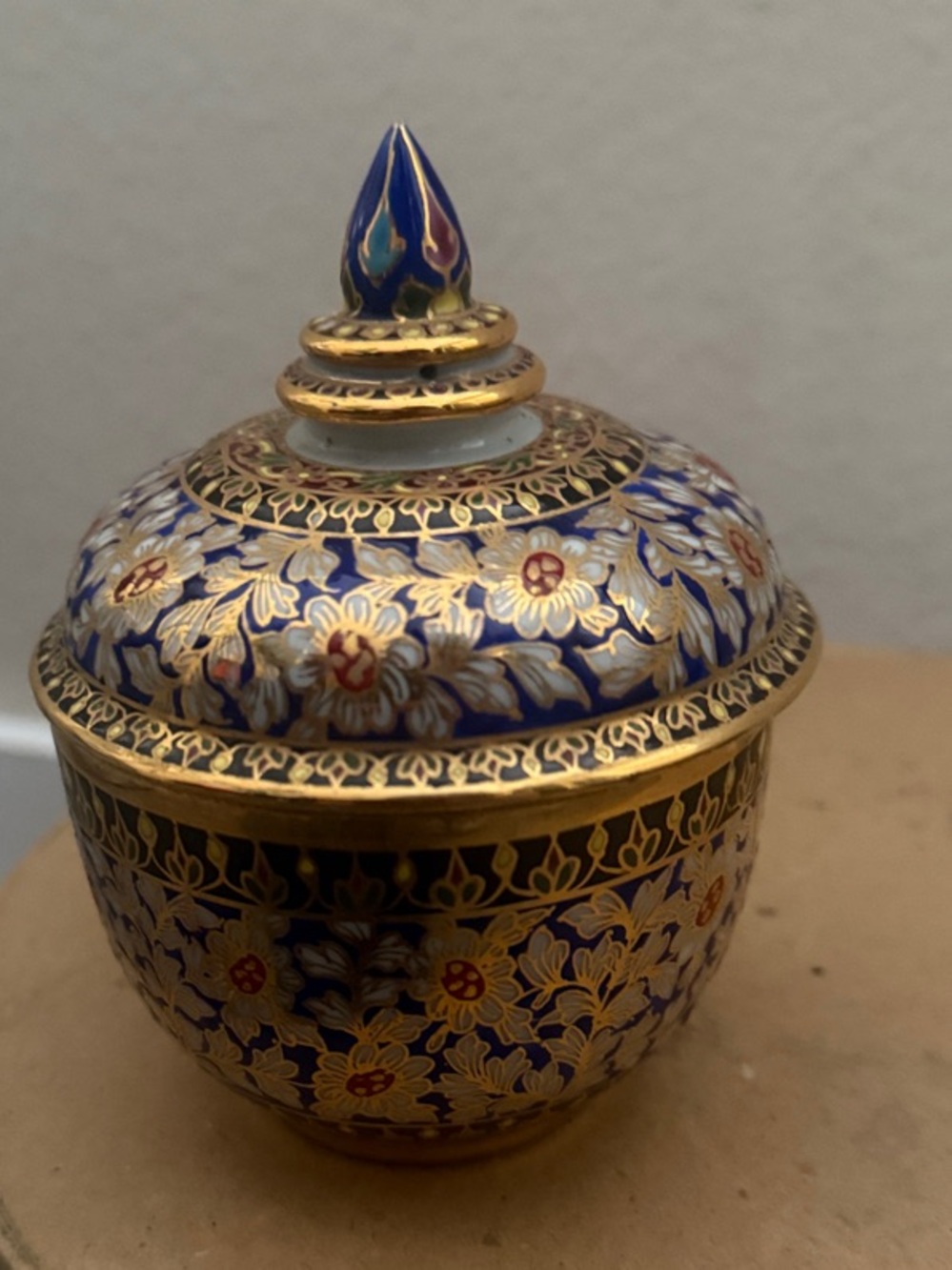 Source Unknown Blue, Gold and White Floral Lidded Ceramic Trinket Jar